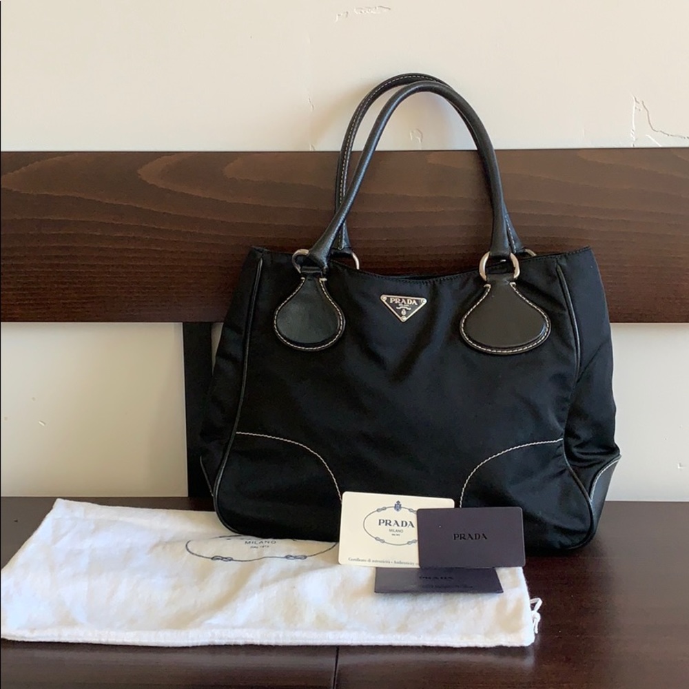 Authentic Prada leather-trimmed nylon handbag